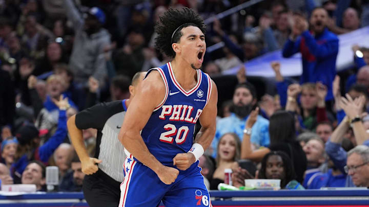 Nov 13, 2024; Philadelphia, Pennsylvania, USA; Philadelphia 76ers guard Jared McCain (20) reacts after scoring against the Cleveland Cavaliers in the fourth quarter at Wells Fargo Center. Mandatory Credit: Kyle Ross-Imagn Images