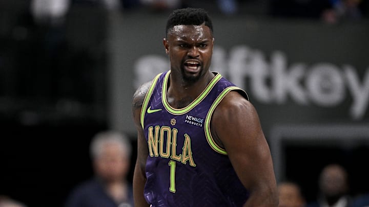 Feb 21, 2025; Dallas, Texas, USA; New Orleans Pelicans forward Zion Williamson (1) reacts to making a shot against the Dallas Mavericks during the second half at the American Airlines Center. Mandatory Credit: Jerome Miron-Imagn Images