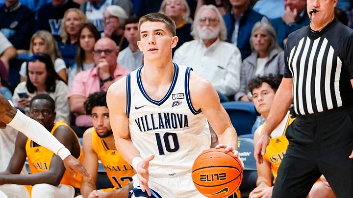 Nov 7, 2022; Villanova, Pennsylvania, USA;  Villanova Wildcats guard Angelo Brizzi (10) dribbles the ball toward the basket against the La Salle Explorers during the first half at William B. Finneran Pavilion. Mandatory Credit: Gregory Fisher-USA TODAY Sports