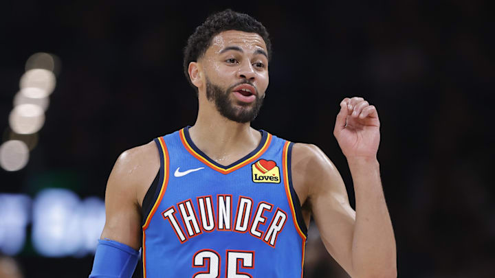 Mar 9, 2026; Oklahoma City, Oklahoma, USA; Oklahoma City Thunder guard Ajay Mitchell (25) talks to the bench after a play against the Denver Nuggets during the second quarter at Paycom Center. Mandatory Credit: Alonzo Adams-Imagn Images