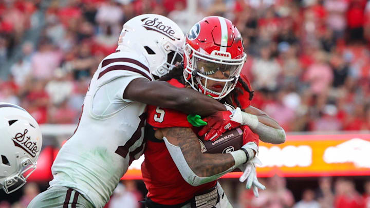 Georgia Bulldogs wide receiver Anthony Evans III (5) runs after a catch against the Mississippi State Bulldogs in the third quarter at Sanford Stadium. Georgia Bulldogs wide receiver Anthony Evans III (5) runs after a catch against the Mississippi State Bulldogs in the third quarter at Sanford Stadium.