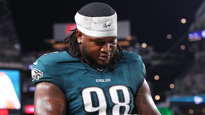 Sep 4, 2025; Philadelphia, Pennsylvania, USA; Philadelphia Eagles defensive tackle Jalen Carter (98) walks off the field after being ejected during the first quarter of the game against the Dallas Cowboys at Lincoln Financial Field. Mandatory Credit: Bill Streicher-Imagn Images