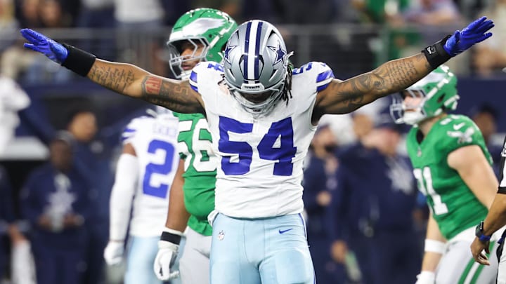 Nov 23, 2025; Arlington, Texas, USA; Dallas Cowboys defensive end Sam Williams (54) reacts after a play in the fourth quarter against the Philadelphia Eagles at AT&T Stadium. Nov 23, 2025; Arlington, Texas, USA; Dallas Cowboys defensive end Sam Williams (54) reacts after a play in the fourth quarter against the Philadelphia Eagles at AT&T Stadium.
