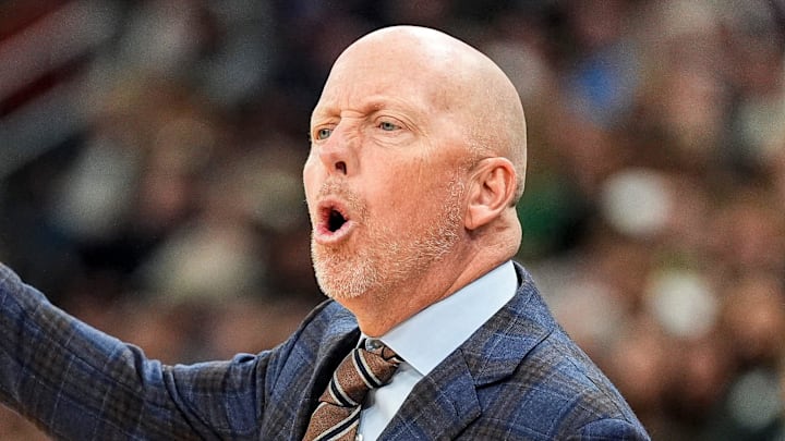 UCLA head coach Mick Cronin reacts to a play against Michigan State during the first half of Big Ten tournament quarterfinal at United Center in Chicago on Friday, March 13, 2026.