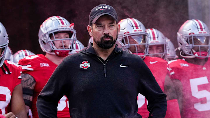 Ohio State Buckeyes head coach Ryan Day prepares to take the field prior to the NCAA football game against the Nebraska Cornhuskers at Ohio Stadium in Columbus on Saturday, Oct. 26, 2024.