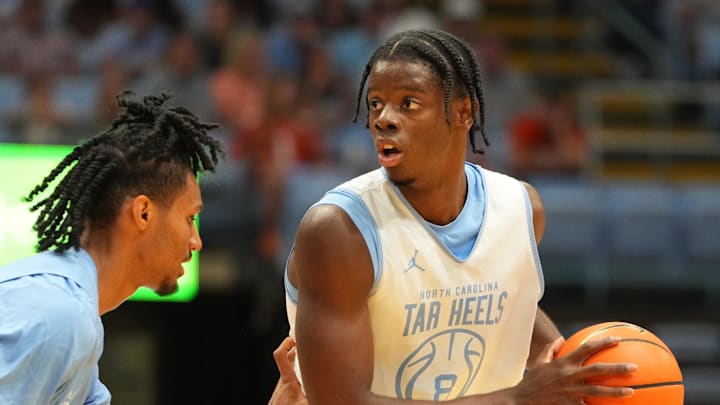 Oct 4, 2025; Charlotte, NC, USA; North Carolina Tar Heels forward Caleb Wilson (8) with the ball as forward Jarin Stevenson (15) defends in the first half at Dean E. Smith Center. Mandatory Credit: Bob Donnan-Imagn Images Oct 4, 2025; Charlotte, NC, USA; North Carolina Tar Heels forward Caleb Wilson (8) with the ball as forward Jarin Stevenson (15) defends in the first half at Dean E. Smith Center. Mandatory Credit: Bob Donnan-Imagn Images