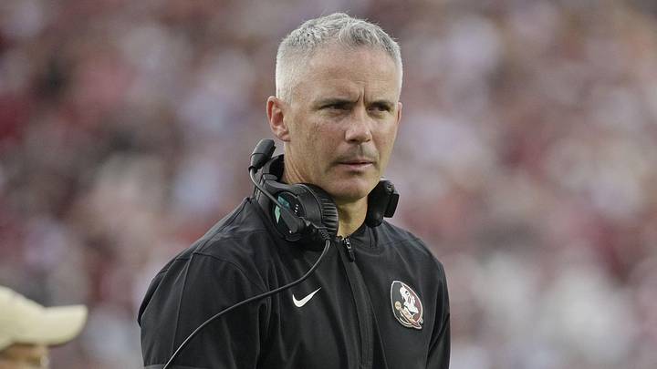 Aug 30, 2025; Tallahassee, Florida, USA; Florida State Seminoles head coach Mike Norvell reacts after a play against the Alabama Crimson Tide during the second half at Doak S. Campbell Stadium. Mandatory Credit: Melina Myers-Imagn Images