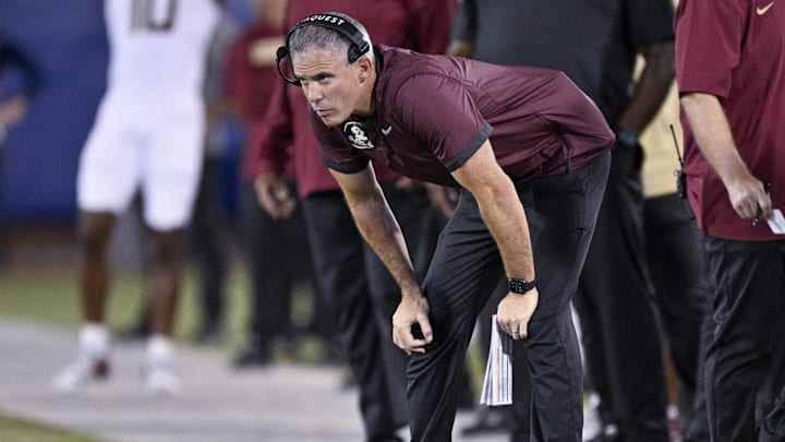 Sep 28, 2024; Dallas, Texas, USA; Florida State Seminoles head coach Mike Norvell looks on during the second quarter against the Southern Methodist Mustangs at Gerald J. Ford Stadium. Mandatory Credit: Jerome Miron-Imagn Images