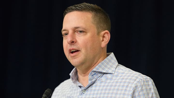 Feb 24, 2026; Indianapolis, IN, USA; New England Patriots general manager Eliot Wolf speaks at the NFL Scouting Combine at the Indiana Convention Center. Mandatory Credit: Kirby Lee-Imagn Images