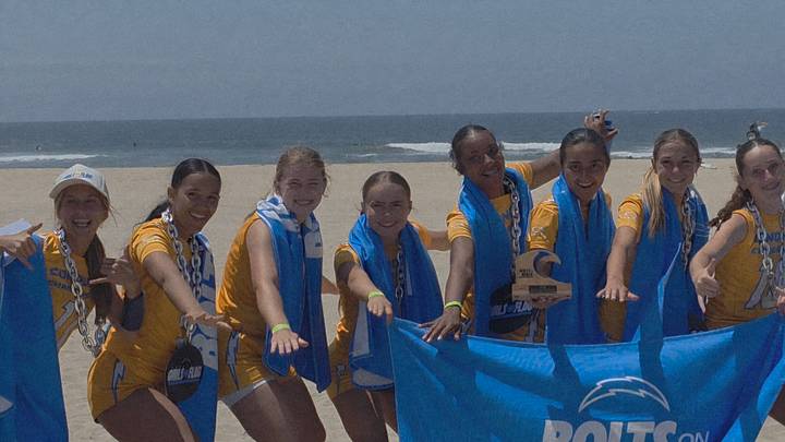 High School Champions LA Conquer pose by the ocean with trophy High School Champions LA Conquer pose by the ocean with trophy