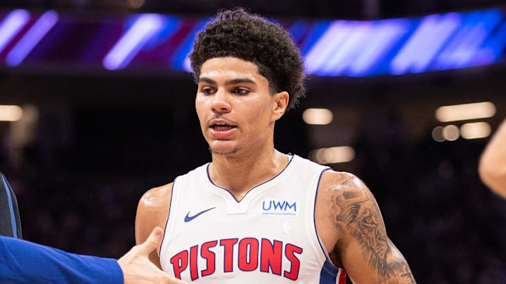 Feb 7, 2024; Sacramento, California, USA; Detroit Pistons guard Killian Hayes (7) celebrates with team mates after a time out was called during the second quarter at Golden 1 Center. Mandatory Credit: Ed Szczepanski-Imagn Images