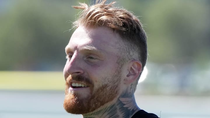 Jul 24, 2025; Henderson, NV, USA; Las Vegas Raiders defensive end Maxx Crosby during training camp at the Intermountain Healthcare Performance Center. Mandatory Credit: Kirby Lee-Imagn Images