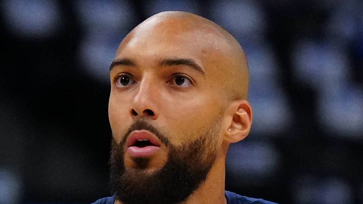 Apr 20, 2026; Denver, Colorado, USA; Minnesota Timberwolves center Rudy Gobert (27) warms up before game two of the first round of the 2026 NBA Playoffs against the Denver Nuggets at Ball Arena. Mandatory Credit: Ron Chenoy-Imagn Images