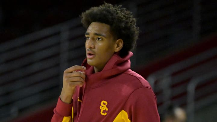 Dec 21, 2025; Los Angeles, California, USA; USC Trojans guard Alijah Arenas (0) warms up prior to the game against the UC Santa Cruz Banana Slugs at Galen Center. Mandatory Credit: Jayne Kamin-Oncea-Imagn Images