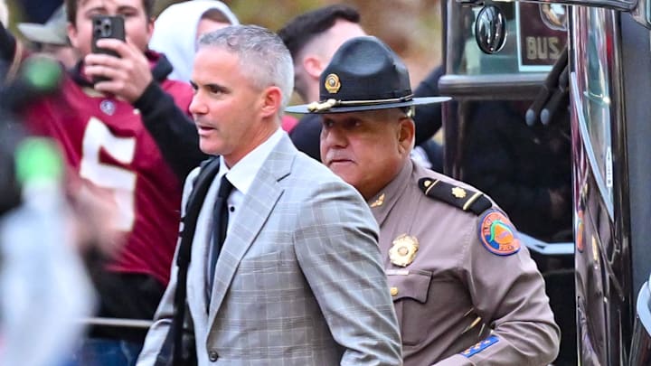 Nov 9, 2024; South Bend, Indiana, USA; Florida State Seminoles head coach Mike Norvell arrives at Notre Dame Stadium for the game against the Notre Dame Fighting Irish. Mandatory Credit: Matt Cashore-Imagn Images