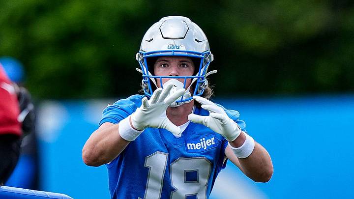 Detroit Lions wide receiver Isaac Teslaa (18) practices a drill during mini camp at Meijer Performance Center in Allen Park on Tuesday, June 16, 2026. Detroit Lions wide receiver Isaac Teslaa (18) practices a drill during mini camp at Meijer Performance Center in Allen Park on Tuesday, June 16, 2026.