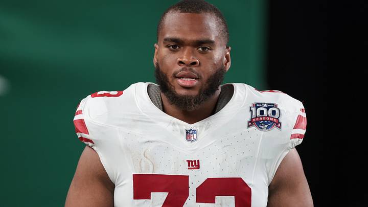 New York Giants offensive tackle Evan Neal after the game at MetLife Stadium.