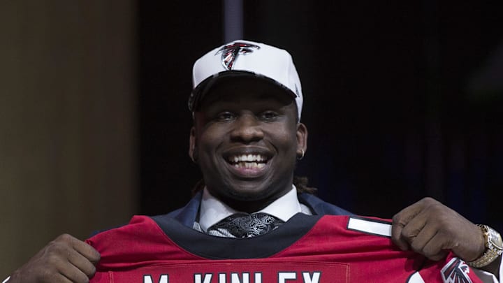 Apr 27, 2017; Philadelphia, PA, USA; Takkarist McKinley (UCLA) is selected as the number 26 overall pick to the Atlanta Falcons in the first round the 2017 NFL Draft at the Philadelphia Museum of Art. Mandatory Credit: Bill Streicher-Imagn Images