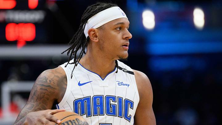 Mar 21, 2025; Washington, District of Columbia, USA; Orlando Magic forward Paolo Banchero (5) reacts before the game against the Washington Wizards at Capital One Arena. Mandatory Credit: Reggie Hildred-Imagn Images