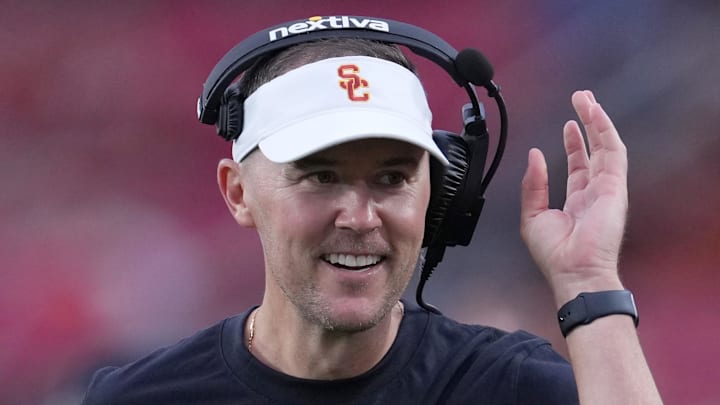 Sep 2, 2023; Los Angeles, California, USA; Southern California Trojans head coach Lincoln Riley reacts against the Nevada Wolf Pack  in the second half at United Airlines Field at Los Angeles Memorial Coliseum. Mandatory Credit: Kirby Lee-Imagn Images