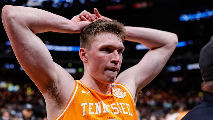 Tennessee guard Dalton Knecht (3) reacts to 72-66 loss to Purdue at the NCAA tournament Midwest Regional Elite 8 round at Little Caesars Arena in Detroit on Sunday, March 31, 2024. Tennessee guard Dalton Knecht (3) reacts to 72-66 loss to Purdue at the NCAA tournament Midwest Regional Elite 8 round at Little Caesars Arena in Detroit on Sunday, March 31, 2024.