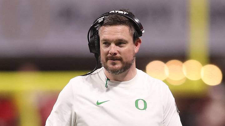 Jan 9, 2026; Atlanta, GA, USA; Oregon Ducks head coach Dan Lanning reacts during the first half of the 2025 Peach Bowl and semifinal game of the College Football Playoff against the Indiana Hoosiers at Mercedes-Benz Stadium. Jan 9, 2026; Atlanta, GA, USA; Oregon Ducks head coach Dan Lanning reacts during the first half of the 2025 Peach Bowl and semifinal game of the College Football Playoff against the Indiana Hoosiers at Mercedes-Benz Stadium.