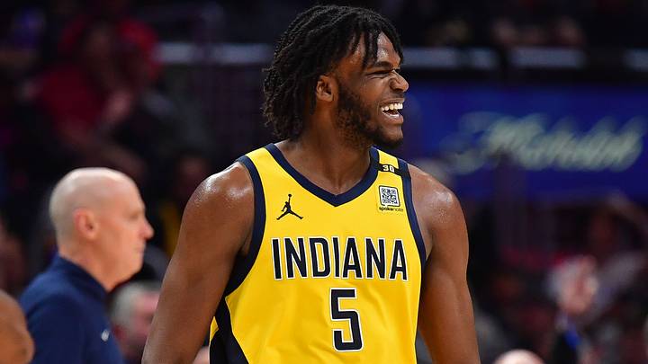 Mar 25, 2024; Los Angeles, California, USA; Indiana Pacers forward Jarace Walker (5) reacts during the second half at Crypto.com Arena. Mandatory Credit: Gary A. Vasquez-USA TODAY Sports