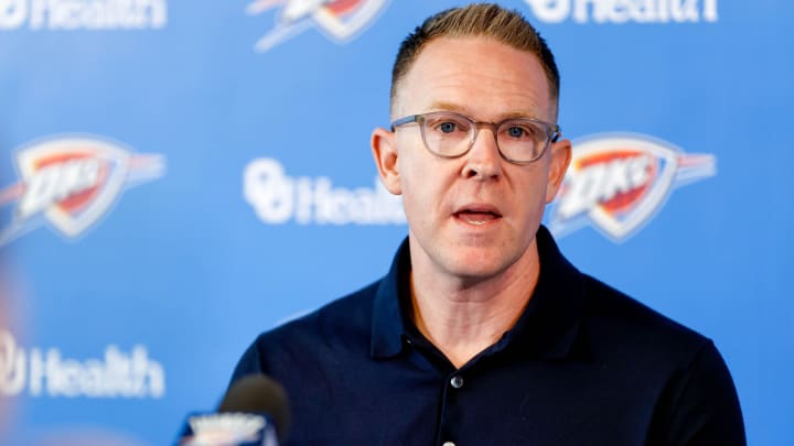 Sam Presti speaks to the press in Oklahoma City, on Tuesday, May 28, 2024. Sam Presti speaks to the press in Oklahoma City, on Tuesday, May 28, 2024.