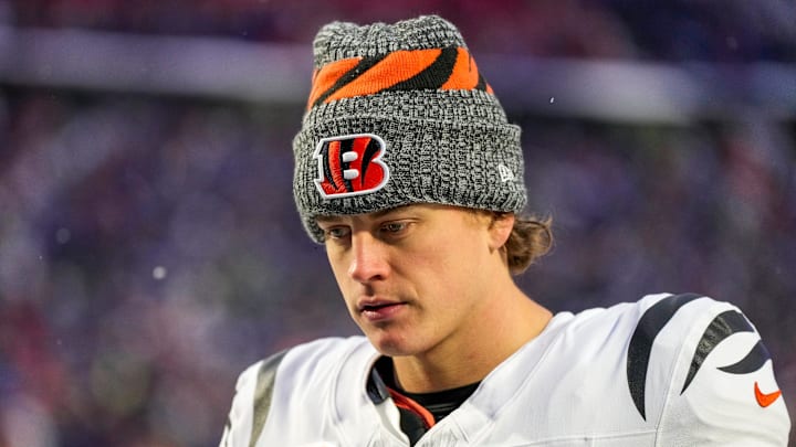 Cincinnati Bengals quarterback Joe Burrow (9) heads for the locker room after the fourth quarter of the NFL Week 14 game between the Buffalo Bills and the Cincinnati Bengals at Highmark Stadium in Orchard Park, N.Y., on Sunday, Dec. 7, 2025. The Bills overcame a halftime deficit to win 39-34.