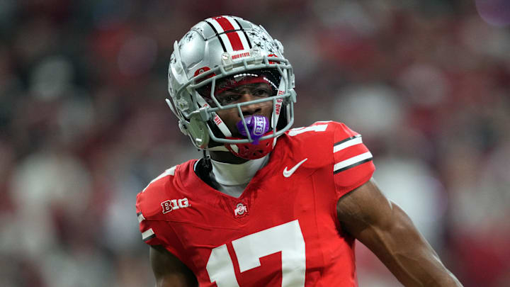 Dec 6, 2025; Indianapolis, IN, USA; Ohio State Buckeyes wide receiver Carnell Tate (17) looks on in the first half against the Indiana Hoosiers during the 2025 Big Ten championship game at Lucas Oil Stadium. Mandatory Credit: Aaron Doster-Imagn Images