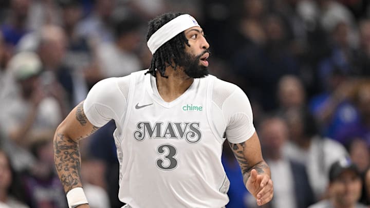 Apr 11, 2025; Dallas, Texas, USA; Dallas Mavericks forward Anthony Davis (3) runs back up the court during the first quarter against the Toronto Raptors at the American Airlines Center. Mandatory Credit: Jerome Miron-Imagn Images
