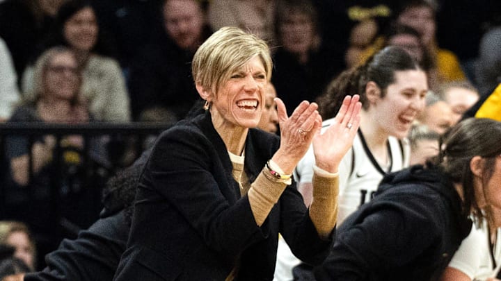 Iowa head coach Jan Jensen reacts duirng a basketball game against the Michigan Wolverines Feb. 22, 2026 at Carver-Hawkeye Arena in Iowa City, Iowa.