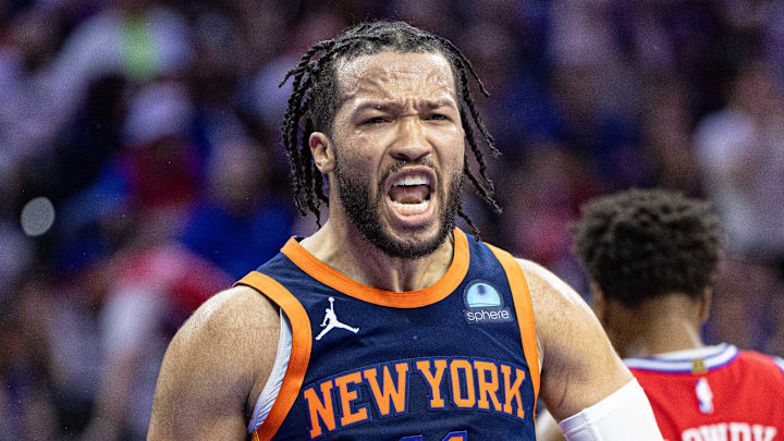 Apr 28, 2024; Philadelphia, Pennsylvania, USA; New York Knicks guard Jalen Brunson (11) reacts after scoring against the Philadelphia 76ers during the fourth quarter of game four of the first round in the 2024 NBA playoffs at Wells Fargo Center. Mandatory Credit: Bill Streicher-Imagn Images