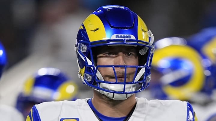 Jan 10, 2026; Charlotte, NC, USA; Los Angeles Rams quarterback Matthew Stafford (9) reacts in the first half during the NFC Wild Card Round game at Bank of America Stadium. Mandatory Credit: Jim Dedmon-Imagn Images