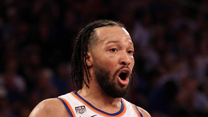 Jun 8, 2026; New York, New York, USA; New York Knicks guard Jalen Brunson (11) reacts to a foul called by referee Marc Davis (8) in the third quarter during game three of the 2026 NBA Finals against the San Antonio Spurs at Madison Square Garden. Mandatory Credit: Geoff Burke-Imagn Images Jun 8, 2026; New York, New York, USA; New York Knicks guard Jalen Brunson (11) reacts to a foul called by referee Marc Davis (8) in the third quarter during game three of the 2026 NBA Finals against the San Antonio Spurs at Madison Square Garden. Mandatory Credit: Geoff Burke-Imagn Images