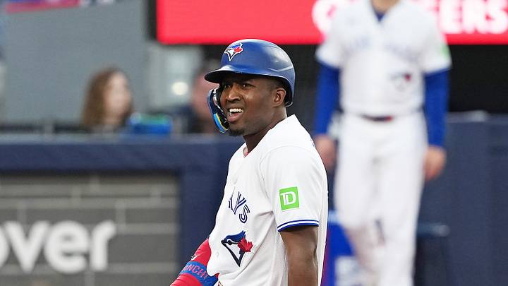 Jun 22, 2026; Toronto, Ontario, CAN; Toronto Blue Jays right fielder Jesus Sanchez (12) ends up on the ground after trying to avoid a pitch against the Houston Astros during the third inning at Rogers Centre. Mandatory Credit: Nick Turchiaro-Imagn Images