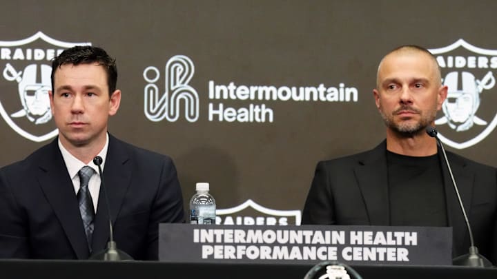 Feb 10, 2026; Henderson, NV, USA;  Las Vegas Raiders coach Klint Kubiak (left) and general manager John Spytek at introductory press conference at Intermountain Health Performance Center. Mandatory Credit: Kirby Lee-Imagn Images