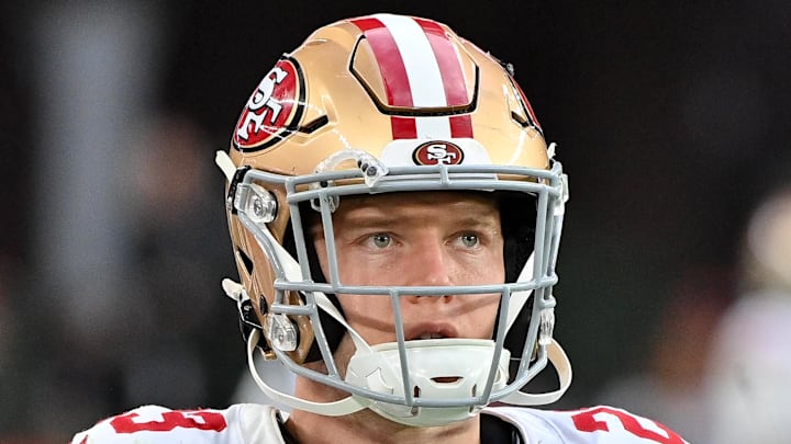 Nov 16, 2025; Glendale, Arizona, USA; San Francisco 49ers running back Christian McCaffrey (23) looks on in the second half against the Arizona Cardinals at State Farm Stadium. Mandatory Credit: Matt Kartozian-Imagn Images