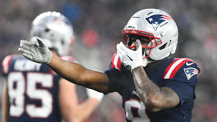 Jan 18, 2026; Foxborough, MA, USA; New England Patriots wide receiver Kayshon Boutte (9) reacts after a play in the second quarter against the Houston Texans in an AFC Divisional Round game at Gillette Stadium. Mandatory Credit: Brian Fluharty-Imagn Images Jan 18, 2026; Foxborough, MA, USA; New England Patriots wide receiver Kayshon Boutte (9) reacts after a play in the second quarter against the Houston Texans in an AFC Divisional Round game at Gillette Stadium. Mandatory Credit: Brian Fluharty-Imagn Images