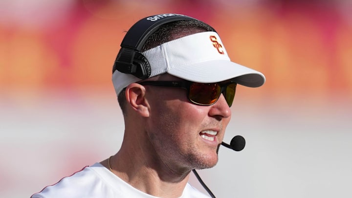Nov 30, 2024; Los Angeles, California, USA; Southern California Trojans head coach Lincoln Riley reacts against the Notre Dame Fighting Irish in the second half at United Airlines Field at Los Angeles Memorial Coliseum. Mandatory Credit: Kirby Lee-Imagn Images