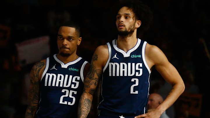 Apr 18, 2025; Memphis, Tennessee, USA; Dallas Mavericks forward P.J. Washington (25) and center Dereck Lively II (2) waits for play to start prior to the game against the Memphis Grizzlies at FedExForum. Mandatory Credit: Petre Thomas-Imagn Images Apr 18, 2025; Memphis, Tennessee, USA; Dallas Mavericks forward P.J. Washington (25) and center Dereck Lively II (2) waits for play to start prior to the game against the Memphis Grizzlies at FedExForum. Mandatory Credit: Petre Thomas-Imagn Images
