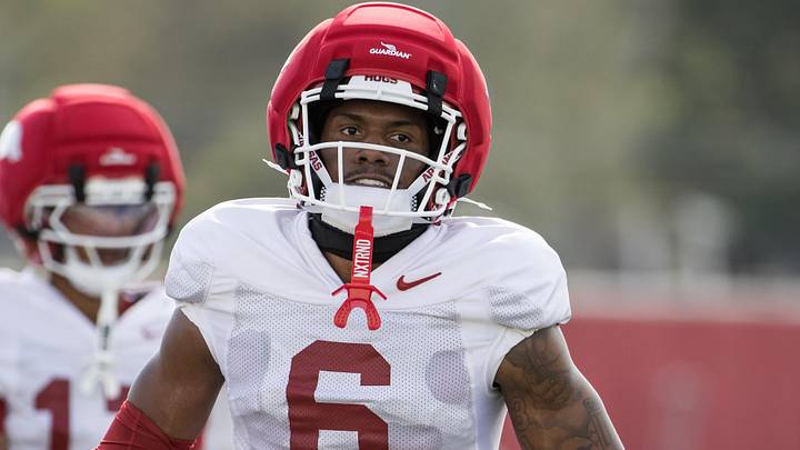 Arkansas Razorbacks wide receiver Chris Marshall (6) puts his hands on his hips in between drills during spring practice at the Arkansas Razorbacks practice facilities. Arkansas Razorbacks wide receiver Chris Marshall (6) puts his hands on his hips in between drills during spring practice at the Arkansas Razorbacks practice facilities.