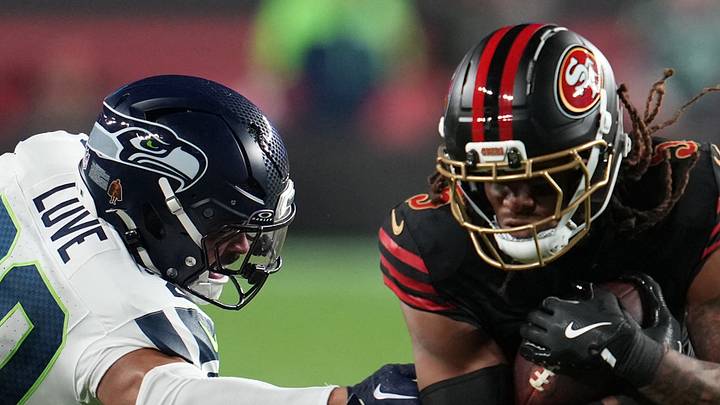 San Francisco 49ers wide receiver Demarcus Robinson makes catch against Seattle Seahawks safety Julian Love. San Francisco 49ers wide receiver Demarcus Robinson makes catch against Seattle Seahawks safety Julian Love.