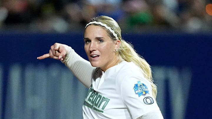 Oregon's Lyndsey Grein (33) celebrates an out during the Women's College World Series softball game between the Oregon Ducks and the Ole Miss Rebels at Devon Park in Oklahoma City, Friday, May, 30, 2025.