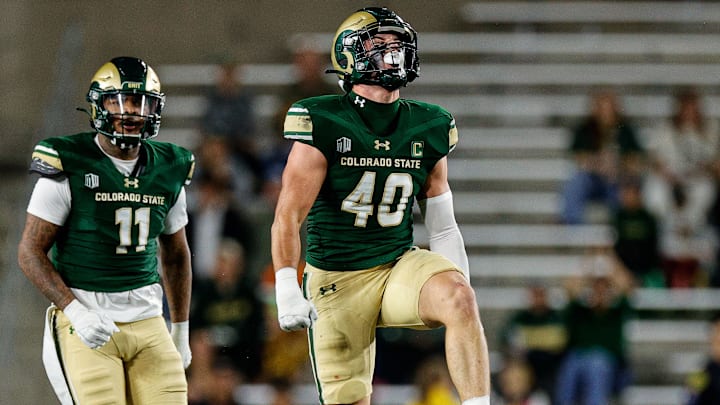 Colorado State linebacker Owen Long (40) reacts after a play against Fresno State.