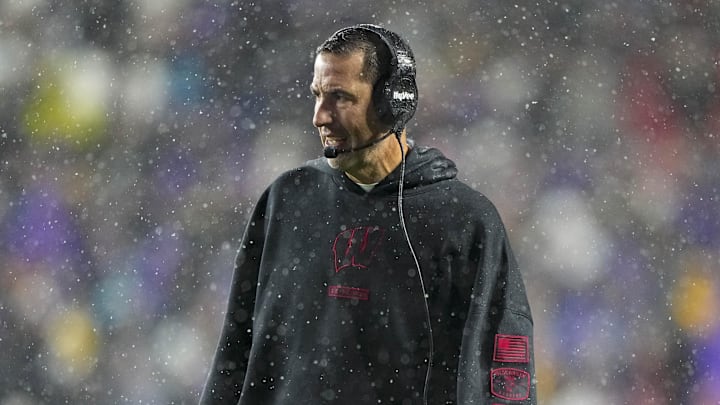 Nov 8, 2025; Madison, Wisconsin, USA;  Wisconsin Badgers head coach Luke Fickell during the game against the Washington Huskies at Camp Randall Stadium.