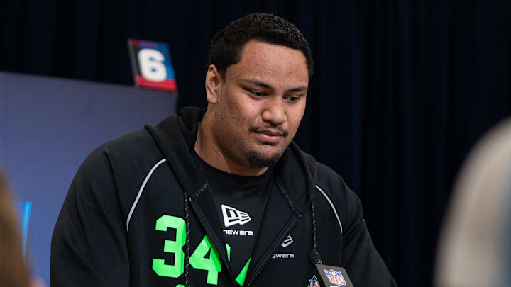 Feb 28, 2026; Indianapolis, IN, USA; Miami offensive lineman Francis Mauigoa (OL34) speaks to members of the media during the NFL Combine at the Indiana Convention Center. Mandatory Credit: Jacob Musselman-Imagn Images Feb 28, 2026; Indianapolis, IN, USA; Miami offensive lineman Francis Mauigoa (OL34) speaks to members of the media during the NFL Combine at the Indiana Convention Center. Mandatory Credit: Jacob Musselman-Imagn Images