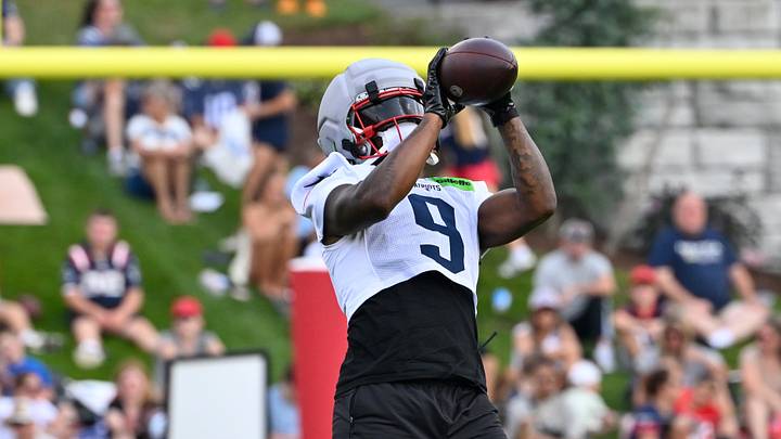 Jul 28, 2026; Foxborough, MA, USA; New England Patriots wide receiver Kayshon Boutte (9) makes a catch during training camp at Gillette Stadium. Mandatory Credit: Eric Canha-Imagn Images Jul 28, 2026; Foxborough, MA, USA; New England Patriots wide receiver Kayshon Boutte (9) makes a catch during training camp at Gillette Stadium. Mandatory Credit: Eric Canha-Imagn Images