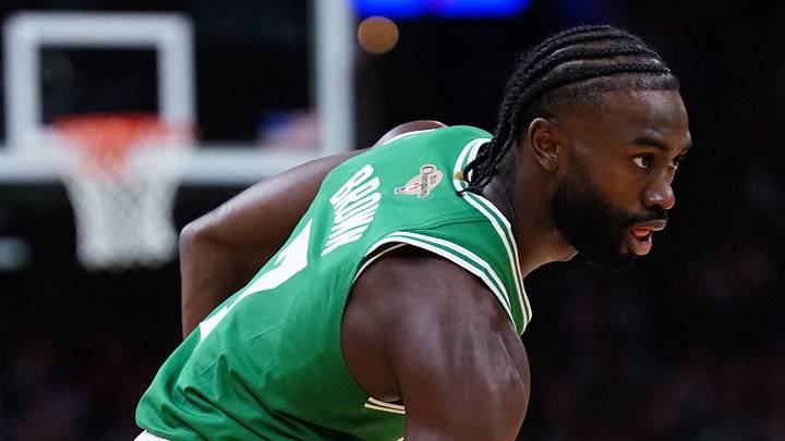 Oct 22, 2024; Boston, Massachusetts, USA; Boston Celtics guard Jaylen Brown (7) reacts after his three point basket against the New York Knicks in the first quarter at TD Garden. Mandatory Credit: David Butler II-Imagn Images