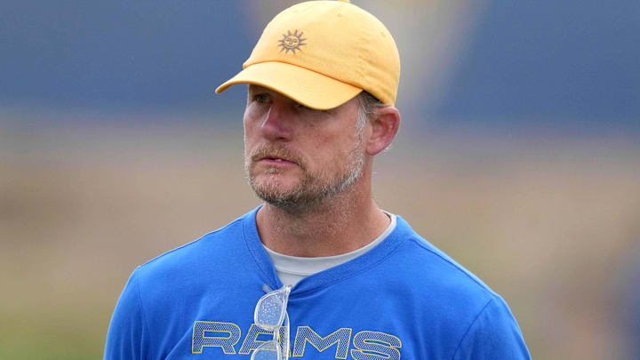 Aug 18, 2021; Thousand Oaks, CA, USA; Los Angeles Rams general manager Les Snead reacts during a joint practice against the Las Vegas Raiders. Mandatory Credit: Kirby Lee-Imagn Images